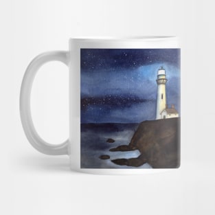 Lighthouse on a cliff at night time Mug
